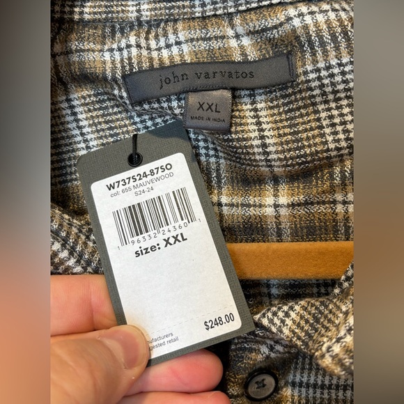 $248 NWT John Varvatos Cole Shirt Men's XXL 2XL Button Down Tan Plaid Mauvewood - Picture 3 of 12